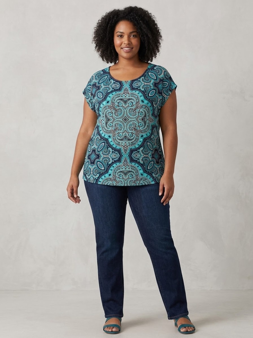 Dressbarn Size 1X Blue Teal Paisley Capped Short Sleeve Rounded Neckline Top